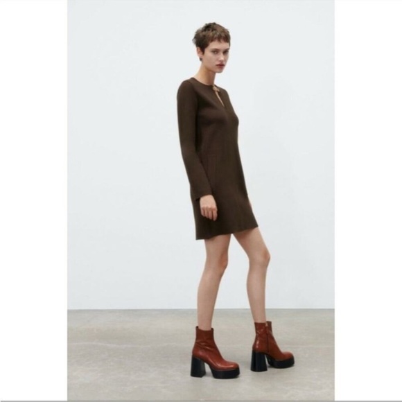 Zara Brown Gold Chain Cutout Long Sleeve Sweater Mini Dress NWT - Picture 6 of 7
